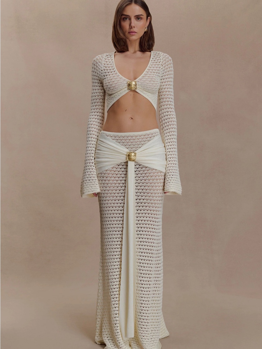 Meshki Cream Crochet Two-Piece Swim Cover-Up with Gold Medallions